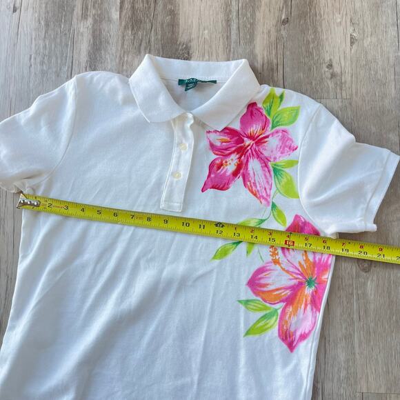 VTG LAUREN Ralph Lauren Women White Collared Polo Pink Green Floral Preppy Small - Picture 5 of 7